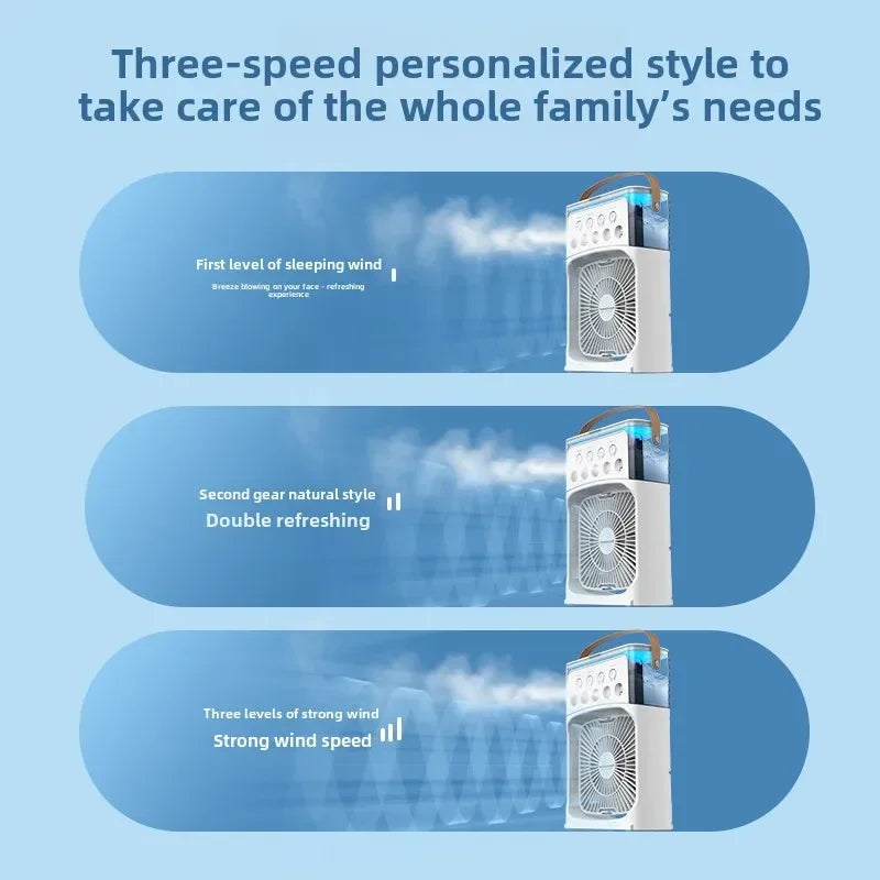 Ventilateur Électrique 3-en-1 : Veilleuse LED, Humidificateur et Diffuseur de Brume