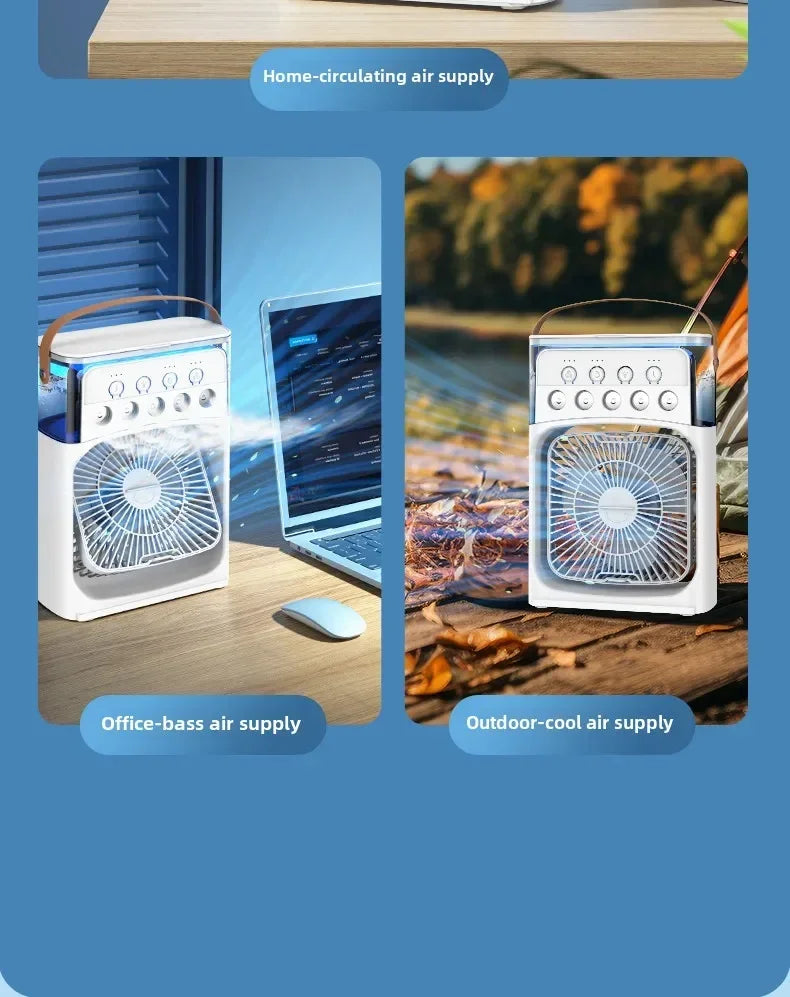 Ventilateur Électrique 3-en-1 : Veilleuse LED, Humidificateur et Diffuseur de Brume