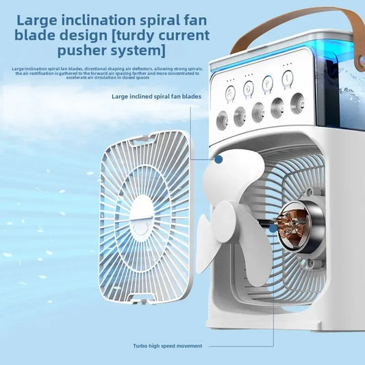 Ventilateur Électrique 3-en-1 : Veilleuse LED, Humidificateur et Diffuseur de Brume